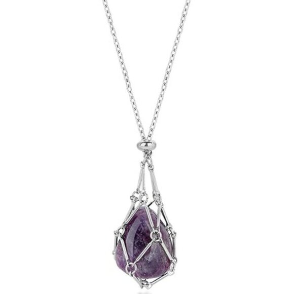 Women's Interchangeable Silver Amethyst Crystal Stone Luxury Cage Pendant - Picture 1 of 5